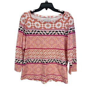 Charter Club Petite XL Printed Boho Top Pink Orange 3/4 Sleeve Cotton Blend